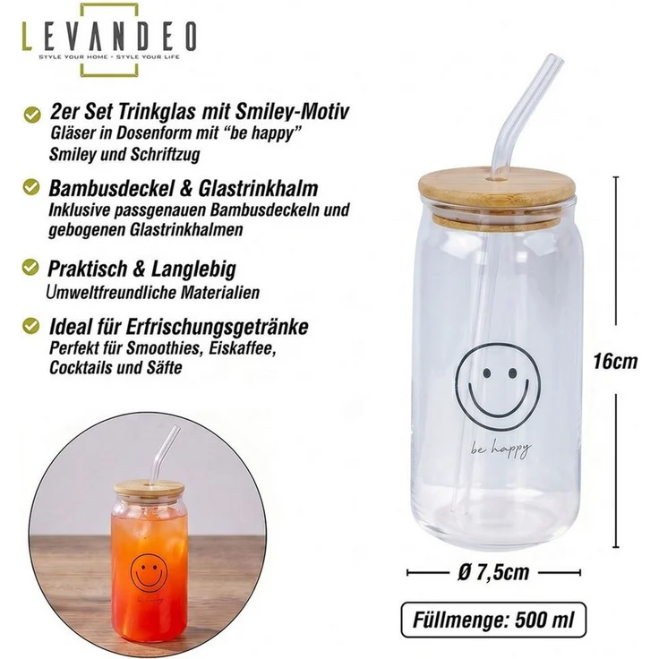 Levandeo® Glas, 2er Set Glas Deckel Strohhalm 500ml Be Happy Smiley Bambusholz – Bild 3