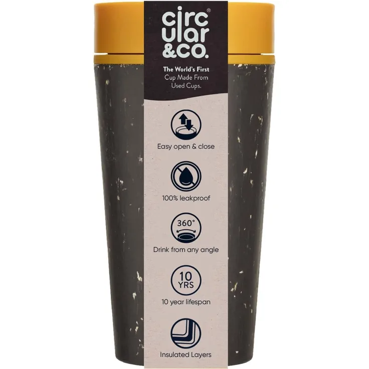 CIRCULAR CUP Coffee to Go Becher 340ml Schwarz Gelb Kaffeebecher Tee