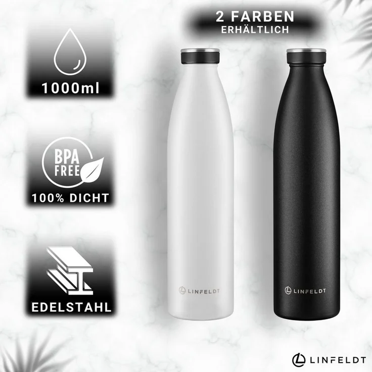 LINFELDT Trinkflasche 1L Trinkflasche Edelstahl Isoliert 24H Auslaufsicher + Sprudel, Edelstahl (Kohlensäure geeignet) – Bild 3