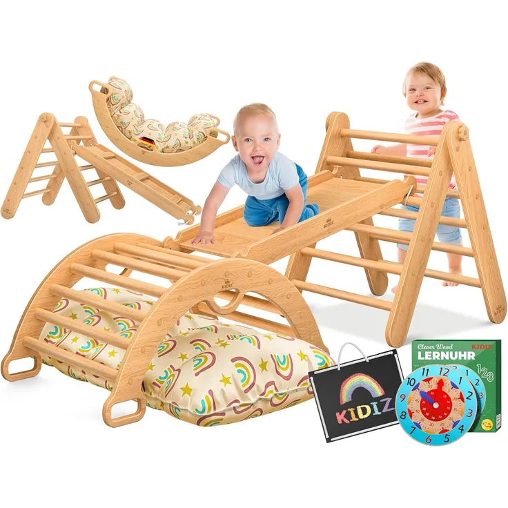 KIDIZ® Klettergerüst Montessori 7in1 Spiel-Set mit Kletterbogen Rutsche Kletterdreieck aus Holz inklusive Kissen, Tafel & Lern-Uhr | Indoor Spielplatz für Kleinkinder ab 1 Jahr & Kinder bis 3 Jahre Hellbraun / Hellbraun