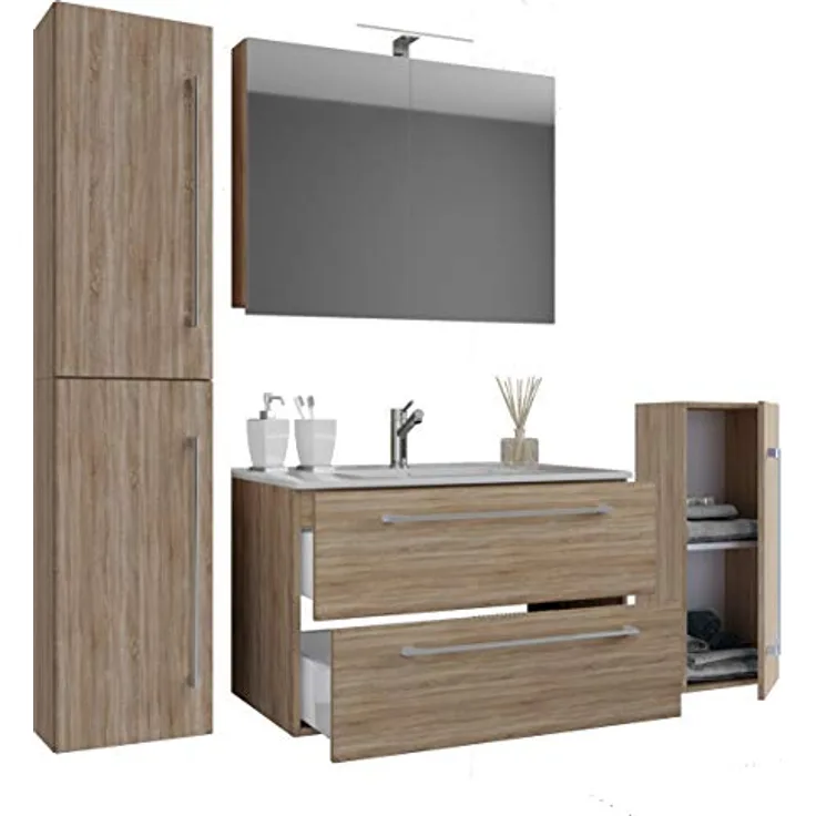 VCM Badmöbelset, 5-tlg. Badmöbel-Set mit Hochschrank, Midischrank, Unterschrank, Spiegelschrank aus ESG-Sicherheitsglas und modernem Waschbecken aus Keramik