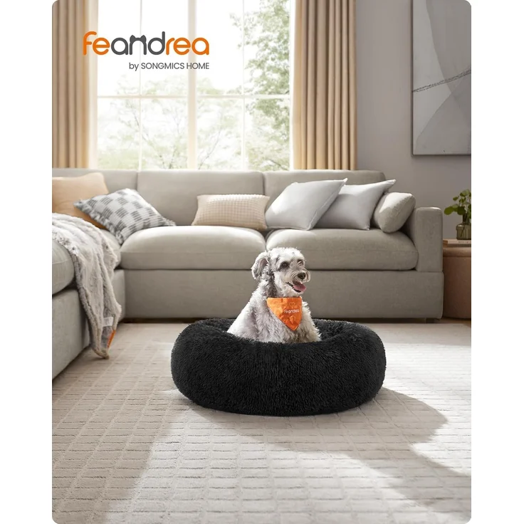 Feandrea Hundebett flauschig, Katzenbett, Donut Kissen, waschbar, Polsterung in der Mitte herausnehmbar, Langer Plüsch, 70 cm Durchmesser, tintenschwarz PGW039B01 – Bild 2