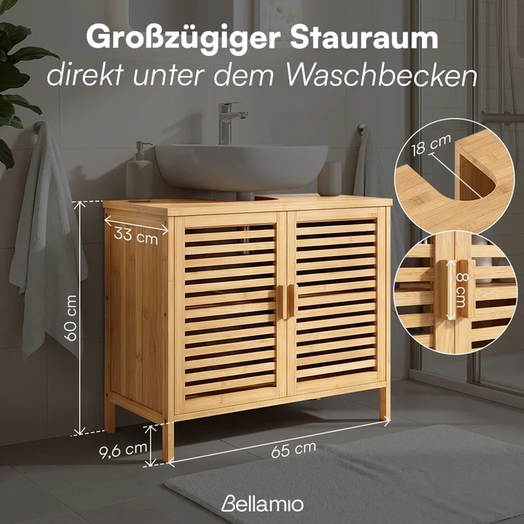 Bellamio 'Newa' Badezimmer Waschbeckenunterschrank, Bambus, natur, 60x33x65 cm, Badezimmerschrank mit 2 Ablagefächern, 2er-Set – Bild 9