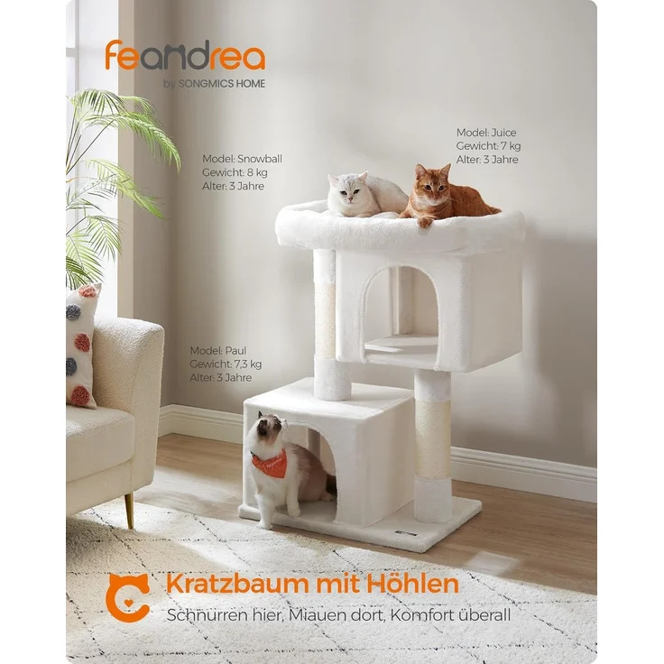 Feandrea Kratzbaum, 101 cm Katzenbaum, XL, Katzenhaus für extra große Katzen bis zu 20 kg, große Plattform, 2 Katzenhöhlen, Sisalstämme, cremeweiß PCT614T01 – Bild 2