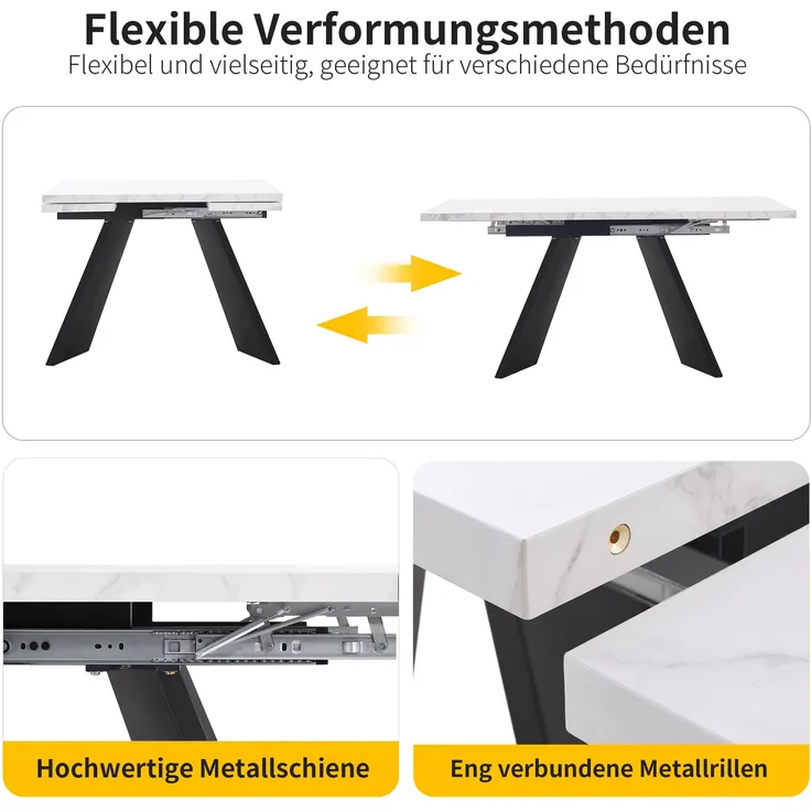 Moderner Esstisch ausziehbar 99–159 cm, Küchentisch mit Marmorplatte, Carbonstahl-Gestell, höhenverstellbar, 77cmx99-159cmx74cm, Weiß+Schwarz