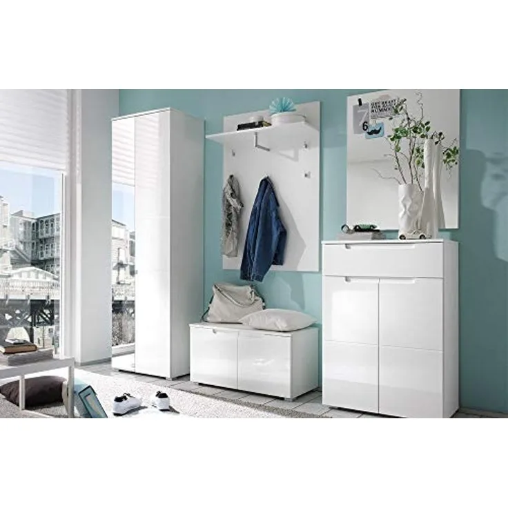 moebel-dich-auf Garderoben-Set SLICE, (Komplett-Set, 5-St, Garderobenschrank + Paneel + Bank + Spiegel + Schuhkommode), Front MDF weiß Hochglanz