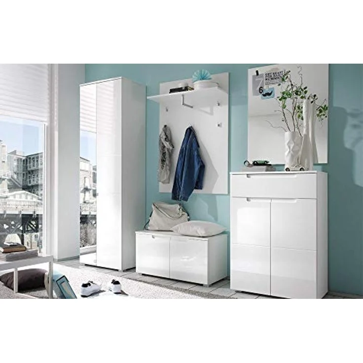 moebel-dich-auf Garderoben-Set SLICE, (Komplett-Set, 5-St, Garderobenschrank + Paneel + Bank + Spiegel + Schuhkommode), Front MDF weiß Hochglanz – Bild 1