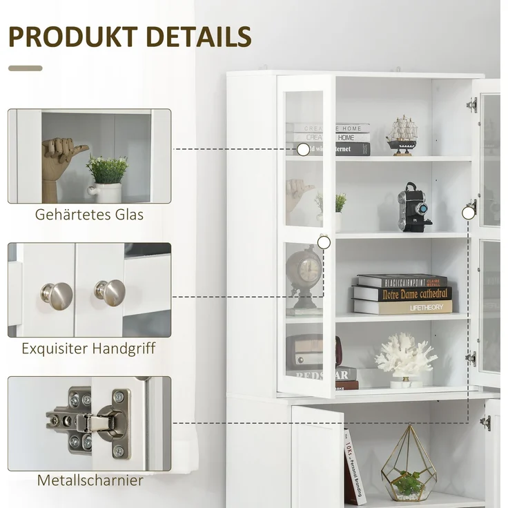 Bücherschrank 178,5 cm Hochschrank Vitrinenschrank mit Glastür 6 Fächern Küchenschrank für Wohnzimmer Küche Weiß--Weiß--76x40x178.5cm--YOUDENOVA – Bild 6