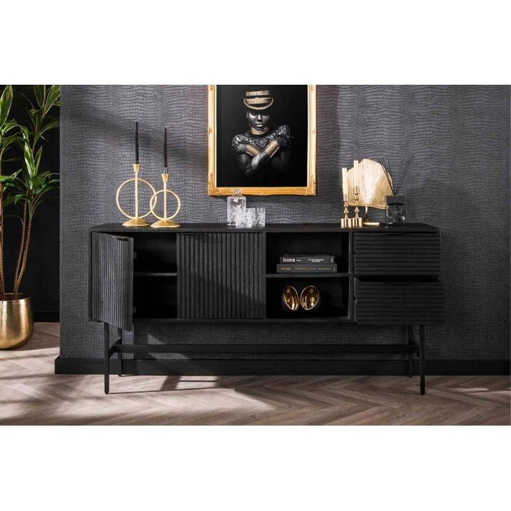 KAWOLA Sideboard LORCA Mango massiv schwarz 2 Türen 2 Schubladen 81 x 40 x 170 cm – Bild 1