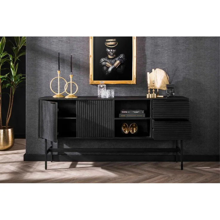 KAWOLA Sideboard LORCA Mango massiv schwarz 2 Türen 2 Schubladen 81 x 40 x 170 cm