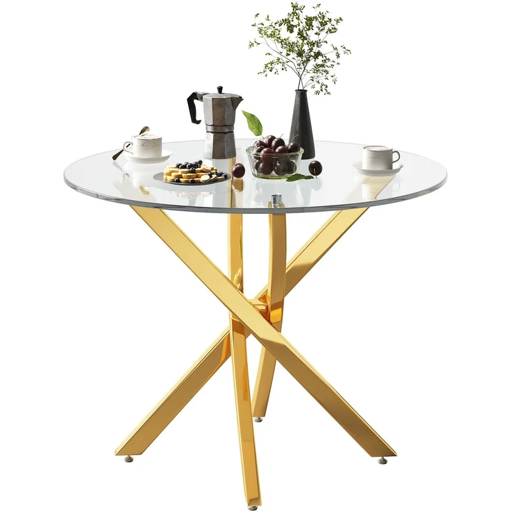 Runder Tisch 80 cm – Glasplatte und goldfarbenes Metallgestell mit Kreuzdesign – Bild 4