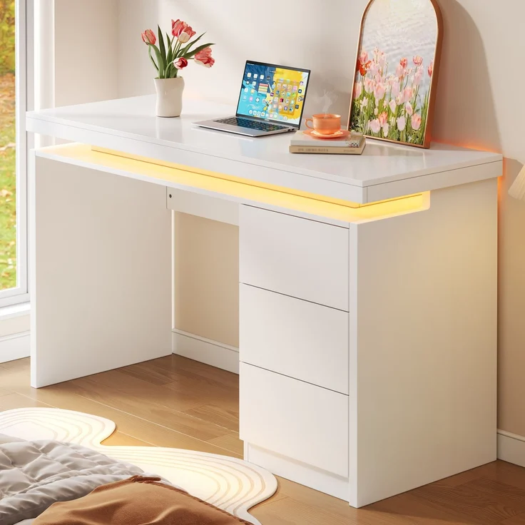 ZUBALIYA Moderner LED-Schreibtisch 120×50×78,5 cm – Computertisch mit drei Schubladen, verlängerter und verbreiterter Arbeitsfläche, verstärkten Beinen, einstellbarer LED-Beleuchtung, geeignet für Homeoffice – Bild 2