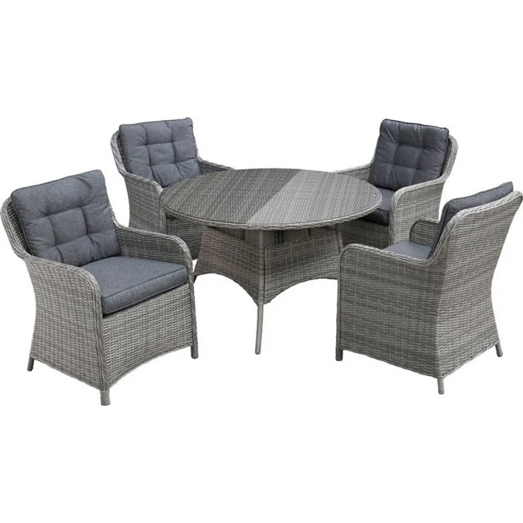 KONIFERA Garten-Essgruppe Menorca, (Set, 13-tlg, 4x Sessel, 1x Tisch ØxH: 120x75cm, inkl. Auflagen), Polyrattan, Aluminium, Tischplatte aus 5mm starkem Sicherheitsglas – Bild 4