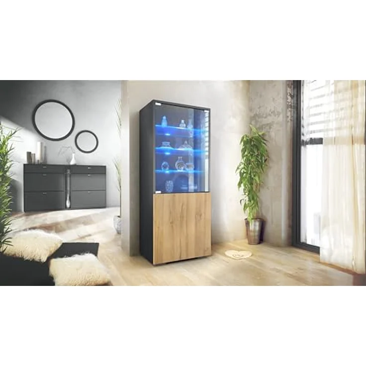 Vladon Standvitrine Granada (Vitrinenschrank, mit Glastür und Glaseinsatz inkl. LED) Anthrazit matt/Eiche Natur (50 x 122,5 x 34,5 cm) – Bild 3