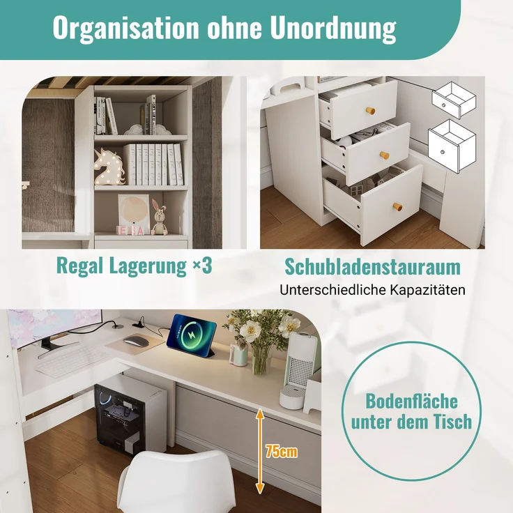 Hochbett Einzelbett mit Holzlattenrost, USB/Type-C Ladebereich, L-förmigem Schreibtisch, Regalen und Schubladen,ohne Matratze – Bild 6