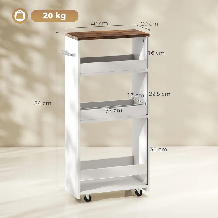 Wohnora-4-stöckiger Küchenwagen auf Rollen, 40 x 20 x 84 cm, Weiß,H 840cm x T 400cm x B 200cm – Bild 4