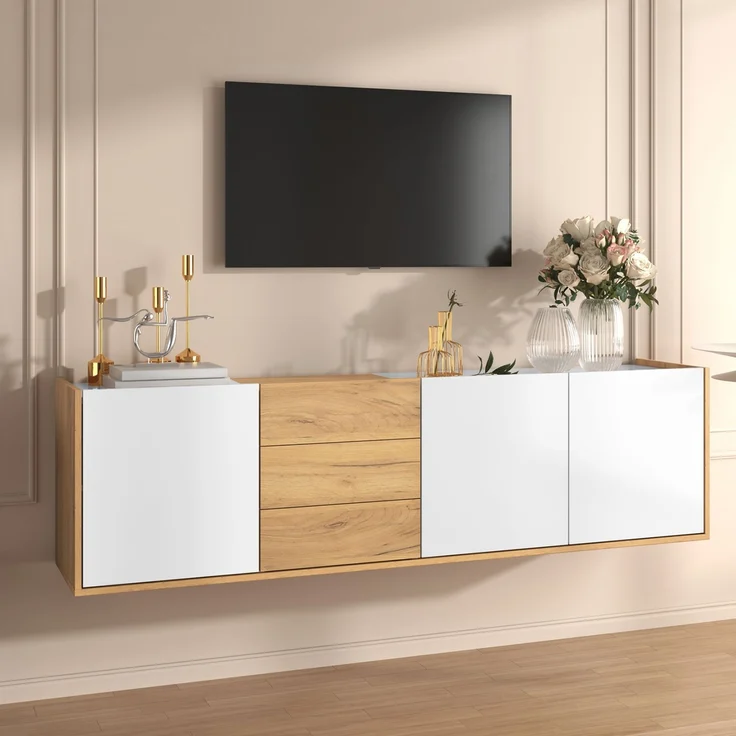 TV-Schrank 171 cm Weiß Holzoptik mit 3 Türen & 3 Schubladen, Lowboard mit verstellbaren Regalen – Bild 1