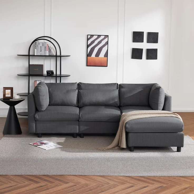Sofa Ecksofa Dreisitzer Fußhocker Polstermöbel Grau – Bild 1