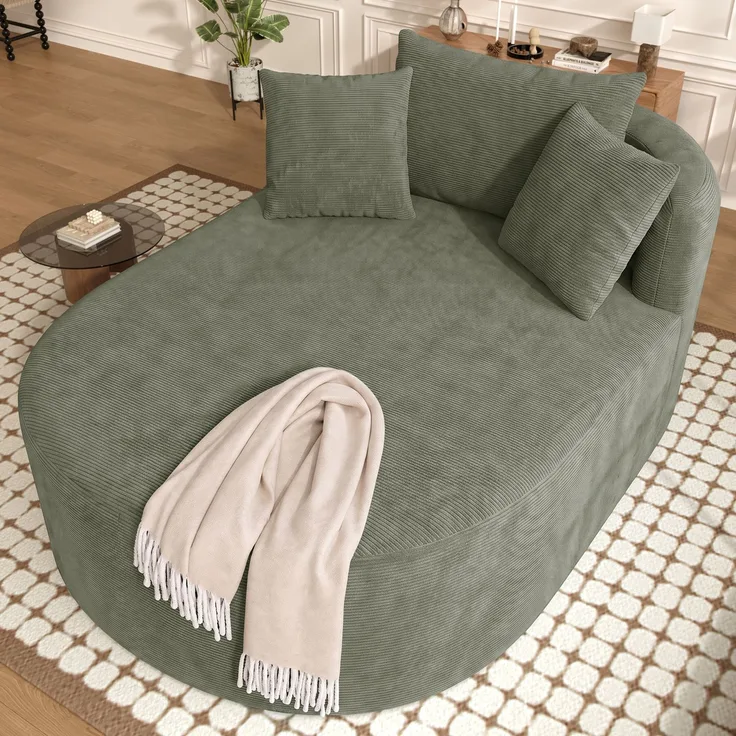 Wohnora-Komprimierter ovaler Relaxsessel aus Cordstoff, montagefrei, gute Rückfederung, 122 cm tiefe Sitzfläche, minimalistischer Einzelsessel in Unifarben, haustierfreundlicher Sessel für Wohnzimmer,H 83cm x T 170cm x B 1125cm,Grün