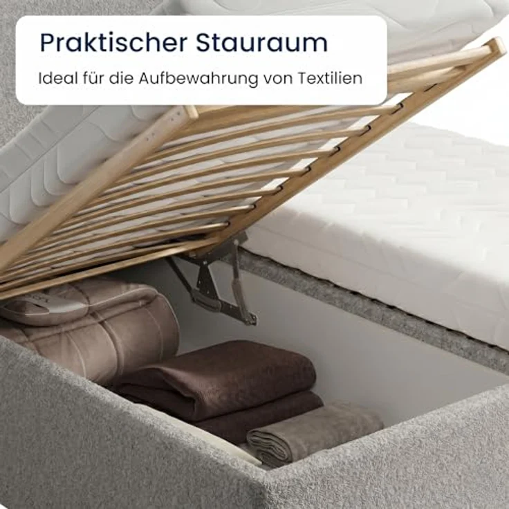 Home Collective Polsterbett mit Stauraum, verstellbarem Lattenrost, Bouclé-Stoff in Schwarz oder Creme, wählbare Matratze Federkern oder Kaltschaum, viele Größen – Bild 3