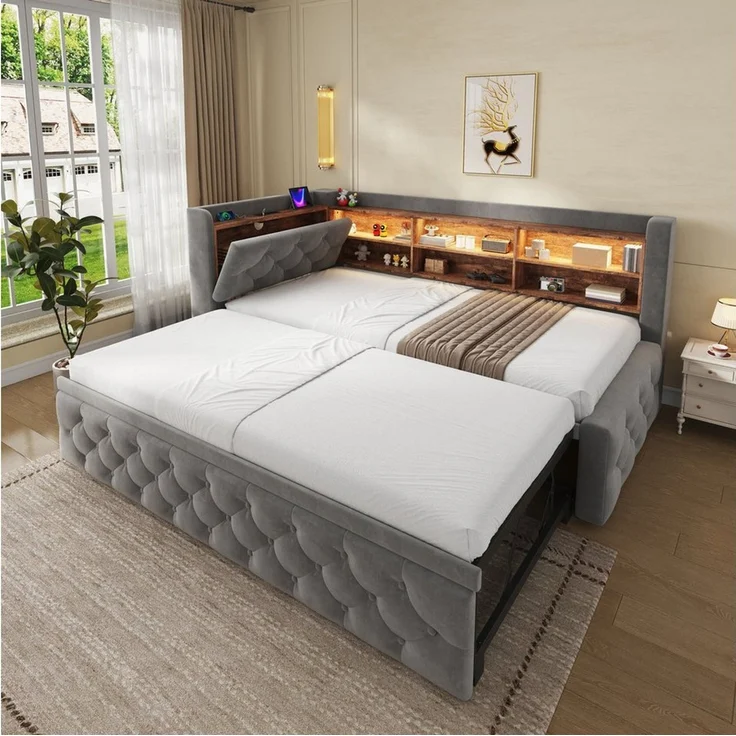 Odikalo Schlafsofa Schlafcouch 90x190 mit LED USB Type-C & Stauraum-Armlehne, Bettgestell ausziehbar, Samt, Sofa mit Holz-Kopfteil Ablage, Lattenrost, für Wohnzimmer & Gästezimmer – Bild 1