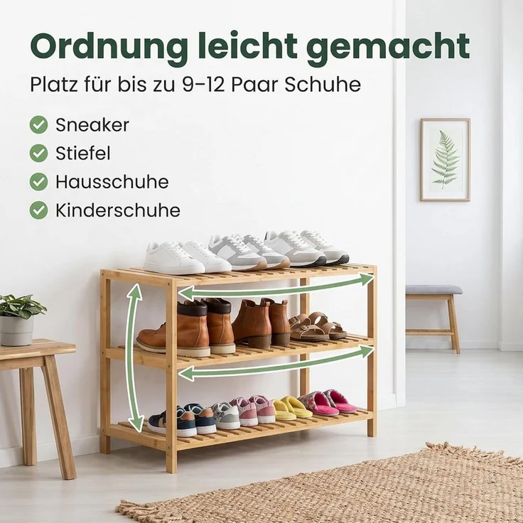 hausleben Schuhregal Bambus Schuhregal, 3 Ebenen, 70x28x50 cm, Naturholz Standregal, Einzelartikel 1-tlg, Stabil, Leicht zu Reinigen – Bild 3