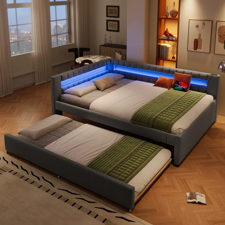 Polsterbett mit Lattenrost, Gästebett, USB und Type-C Anschlüssen, 140x200cm, Schlafsofa, Doppelbett, Leinen – Bild 2