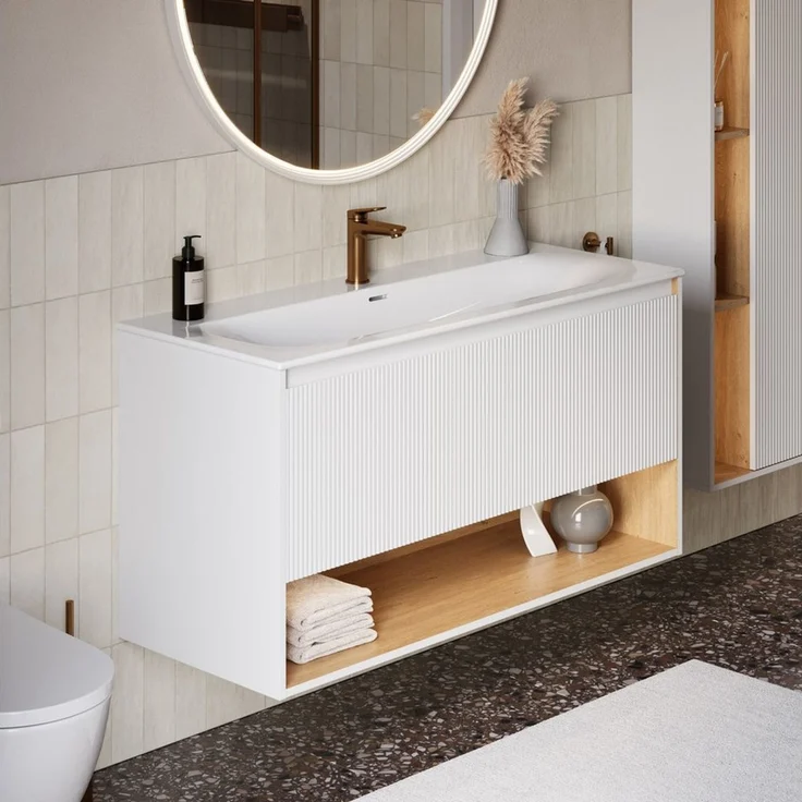 Bernstein Waschbeckenunterschrank BELDIVO 120cm Weiß matt Duravit LED (1 Hahnloch) Waschtischunterschrank mit Waschbecken 1 Schublade Innenschublade LED – Bild 5