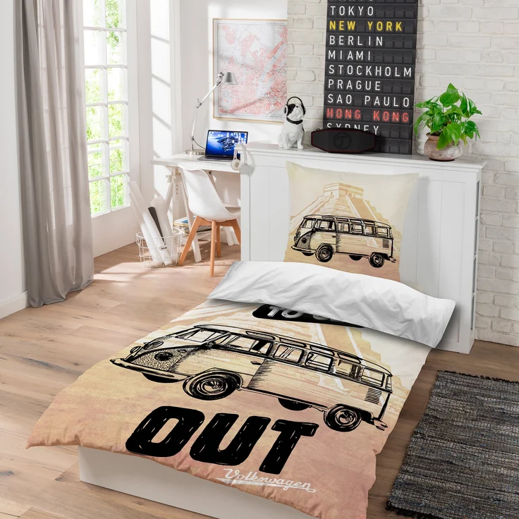 BERONAGE Wendebettwäsche VW Volkswagen Bulli Time Out Bettwäsche Linon / Renforcé 069 Bettbezug, 100% Baumwolle, 2 teilig, 135x200 + 80x80 cm – Bild 3