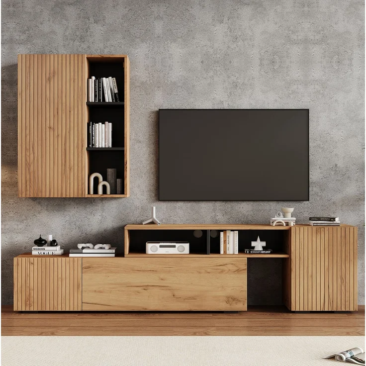 DESVIAE TV-Schrank-Set mit Wandschrank, 174-265x53,5x35 cm, Spanplatte, Eiche/Schwarz, 4 Türen – Bild 2