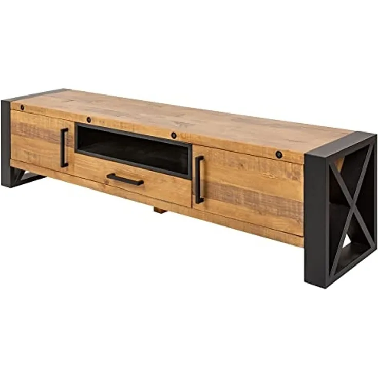 riess-ambiente Lowboard THOR 200cm natur / schwarz, Wohnzimmer · recyceltes Massivholz · Pinie · Industrial Design