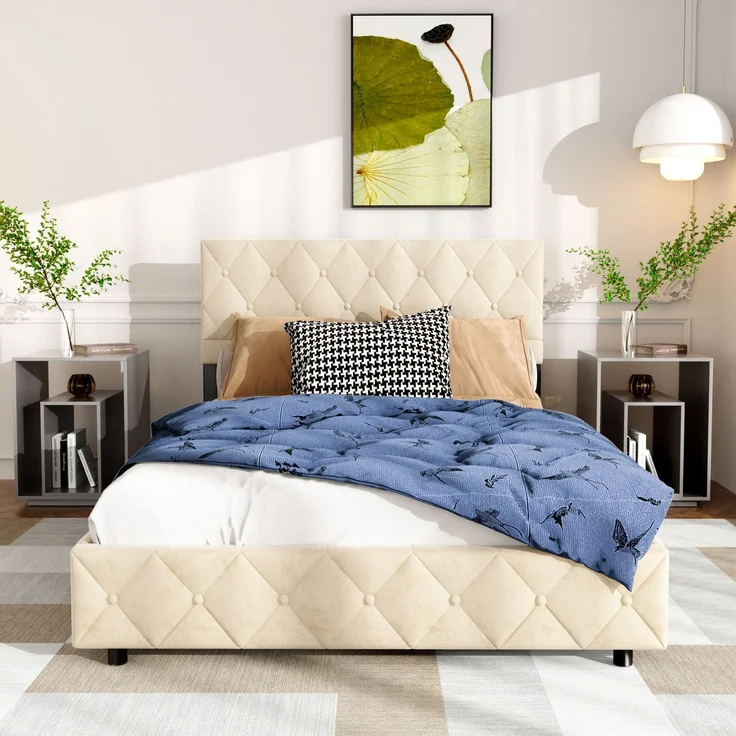 Polsterbett aus Kunstleder mit Aufbewahrungsbox & Lattenrost, ohne Matratze, 140x200 cm, Beige – Bild 9