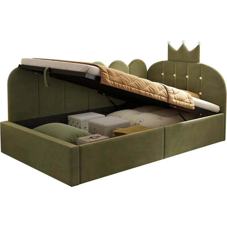 Merax Einzelbett, 90x200 cm Polsterbett, Daybett, Tagesbett-Schlafsofa mit Stauraum (hydraulisch), Gästebett L-Form Samt, Grün – Bild 10