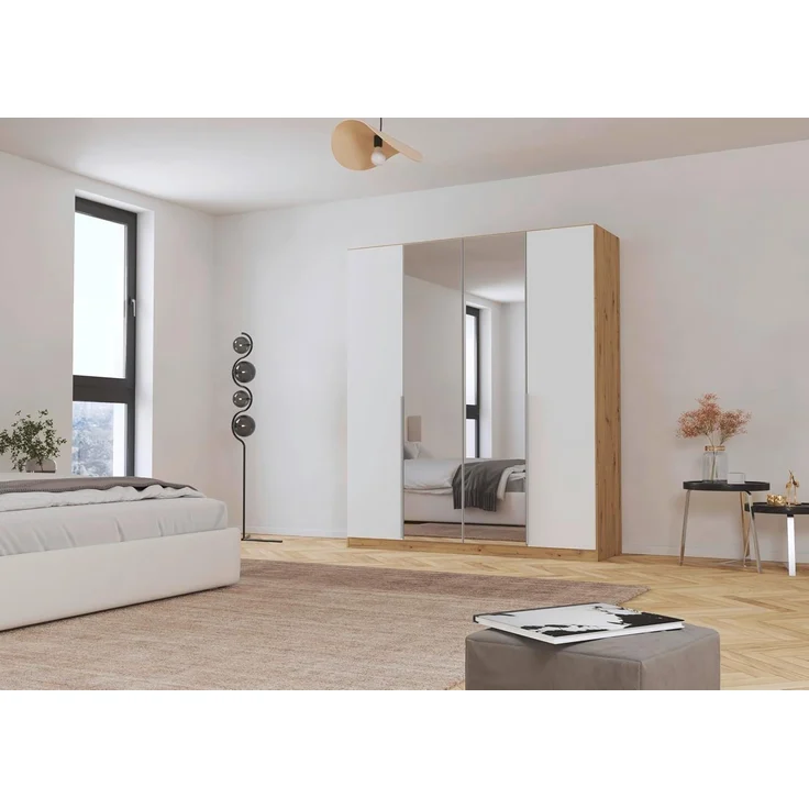 Rauch Möbel Alabama, Kleiderschrank für Schlafzimmer, Kinderzimmer, Wohnzimmer, Garderobe, Flur, 4-türig, Spiegel, mit Zubehör Premium, Farbe Weiß/Eiche Artisan, Holz, Breite 181 cm – Bild 2