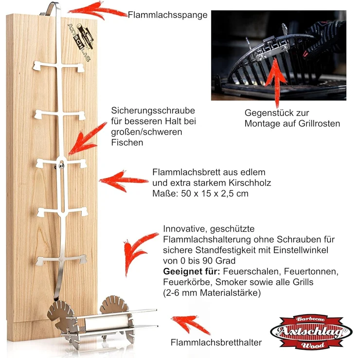 Axtschlag Premium Flammlachsbrett Kirschholz extrastark, 10-Fach verstellbare Halterung aus Edelstahl für Feuerschale, Feuertonne, Feuerkorb, Smoker, Grill, Gastronomie – Bild 3