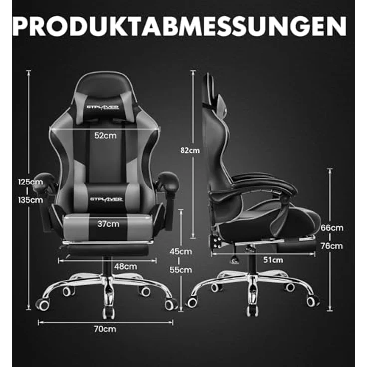GTPLAYER Gaming Stuhl, Bürostuhl, Ergonomischer Pc Stuhl, Gaming Sessel mit Massagelendenwirbelstütze, Task Stühle mit Fußstütze und Kopfstütze, Grau Kunstleder – Bild 4