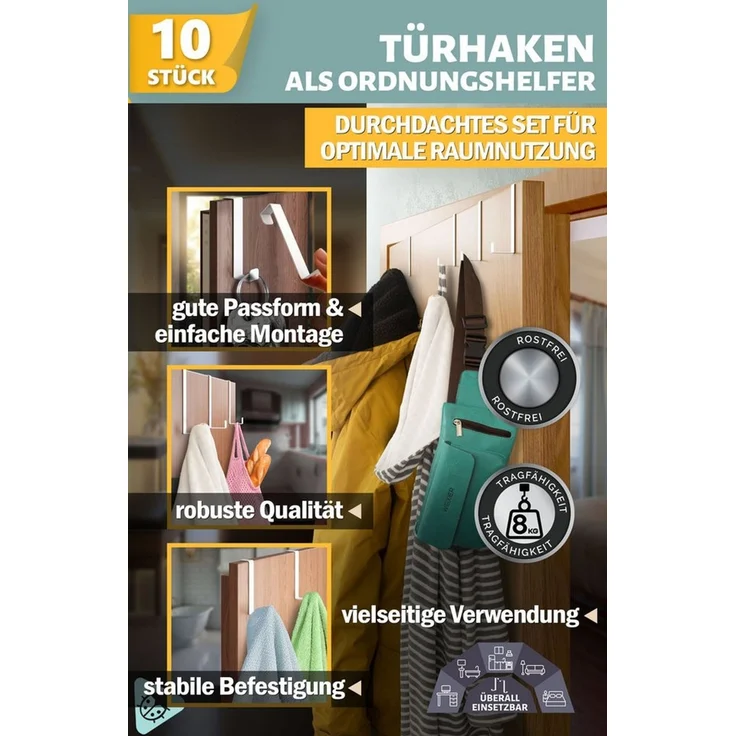 Lindenstein Türhaken Türhaken zum Einhängen, Türen, (Packung, 10-St, 10), Ohne Bohren, fest, rostfrei, langlebig, formstabil – Bild 2