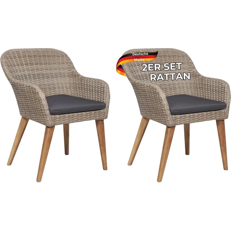 Gartenstuhl EGOS 2er Set Poly-Rattan 62,5x55x82 cm mit Polster Braun | Gartenstuhl Rattan Outdoorstühle Balkonstühle – Bild 1