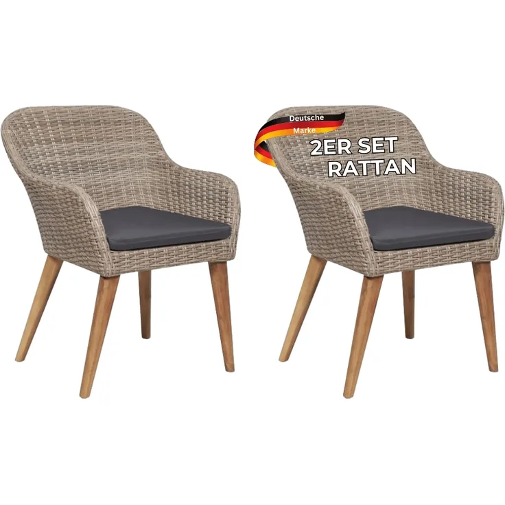 Gartenstuhl EGOS 2er Set Poly-Rattan 62,5x55x82 cm mit Polster Braun | Gartenstuhl Rattan Outdoorstühle Balkonstühle