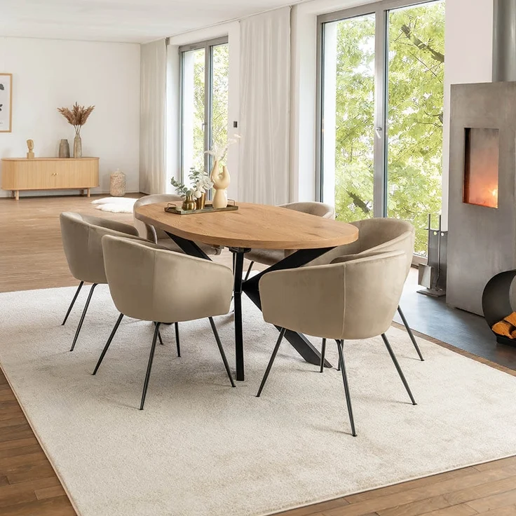 HOME DELUXE Essgruppe Oval Ausziehbar inkl. Sternfuß - 160 x 100 cm Light Oak 8 Stühle Beige – Bild 1