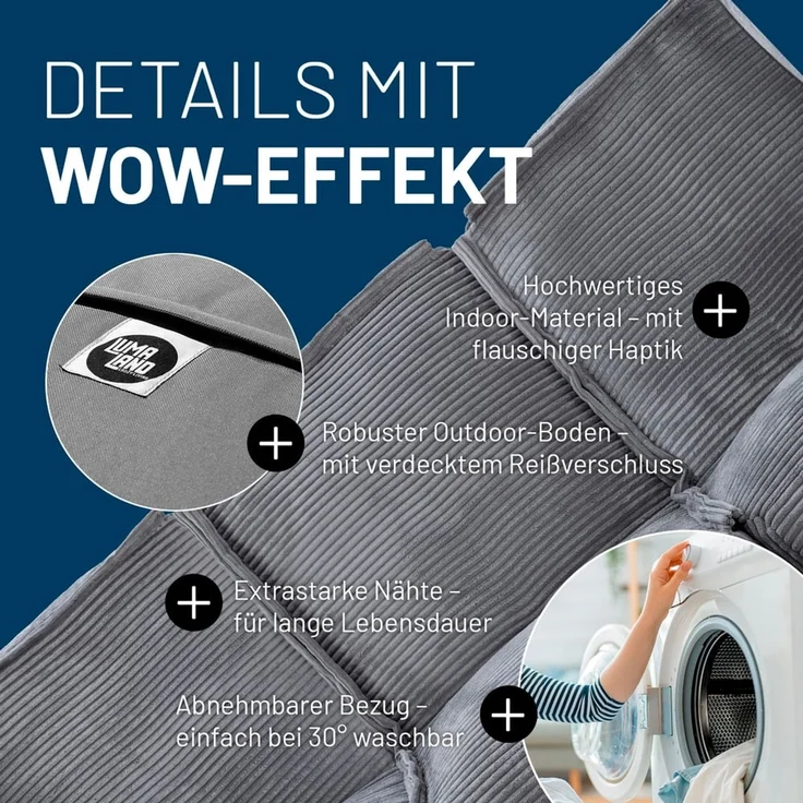 Lumaland Sitzsack-Sofa, Polyester, Mittelteil, Cord - Grau, 70 x 81 x 54 cm – Bild 6