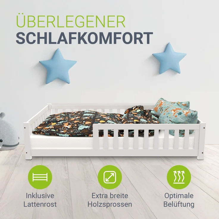 Juskys 'Naya' Kinderbett - mit Rausfallschutz & Lattenrost - Bodenbett für Kinder 3 -10 Jahre - modern, Holz Weiß, 120x200 cm – Bild 2