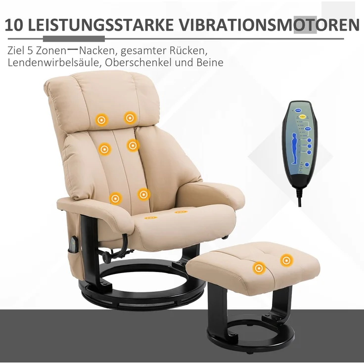Wohnora-Relaxsessel mit Hocker, drehbarer Fernsehsessel mit Massagefunktion, Liegefunktion, Massagesessel mit Fernbedienung, Seitentasche, Ruhesessel aus Kunstleder für Wohnzimmer Cremeweiß,H 1020cm x T 760cm x B 800cm – Bild 5