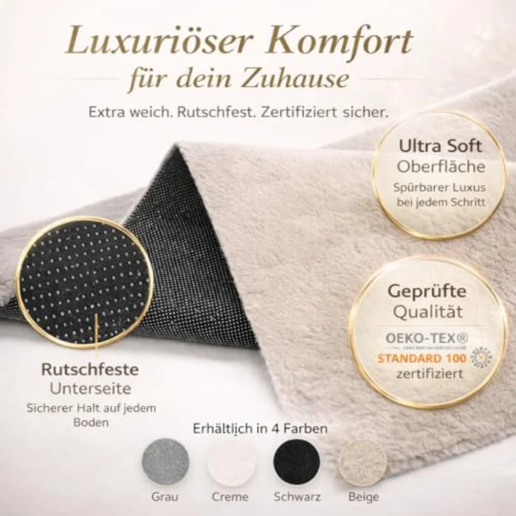 VIMODA Teppich Wohnzimmer Schlafzimmer Flauschig, kurzflorig – waschbar und Fußbodenheizung geeignet,Farbe:Creme;Maße:Ø 80 cm Rund – Bild 6