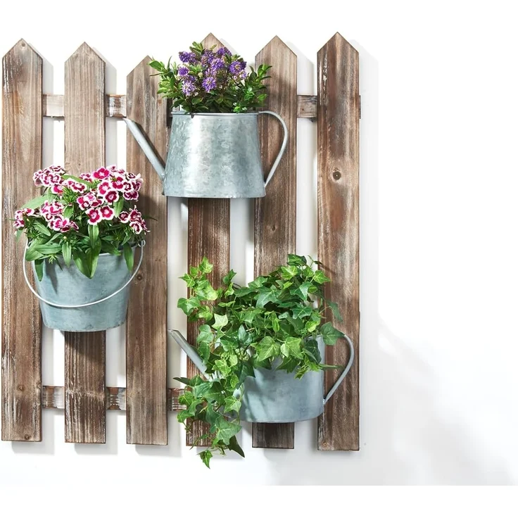 Kobolo Blumentopf Blumenkasten aus Holz - 3 Metallbehälter mit Haken, aus Holz – Bild 5