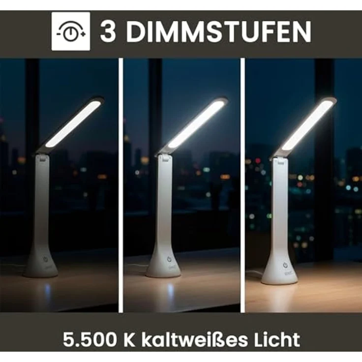 EAXUS LED Schreibtischlampe Moderne Touch Tischleuchte mit 3 Helligkeitsstufen, LED fest integriert, Tageslichtweiß, Stromversorgung über USB oder Batterien – Bild 2