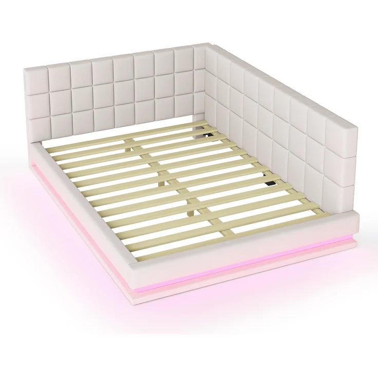 Polsterbett, Schlafsofa Multifunktionsbett mit LED-Lichtleiste USB Steckdose Lattenrost, Samt, Beige, 160x200cm – Bild 8