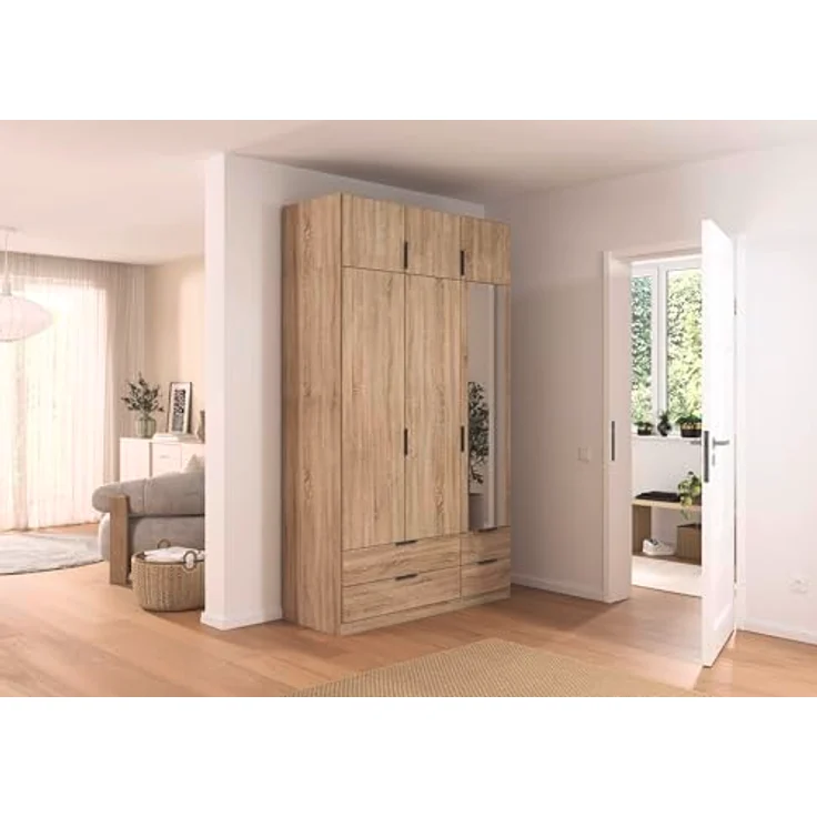 Rauch Möbel Lagoa, Kleiderschrank, Garderobe für Schlafzimmer, Kinderzimmer, Jugendzimmer 6-türig, mit Spiegel, 4 Schubladen, mit Zubehör Classic, Farbe Eiche Sonoma, Holz, Breite 136 – Bild 3