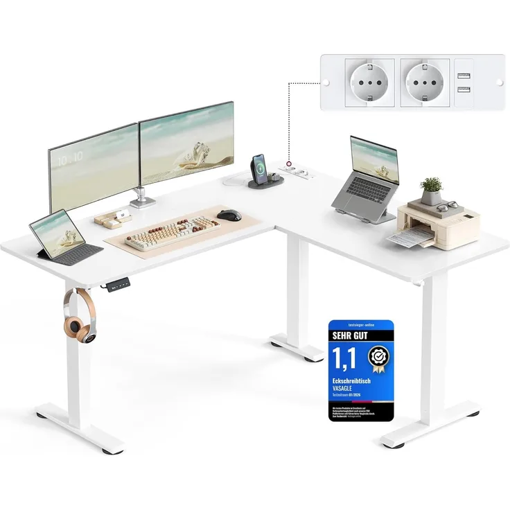 VASAGLE Höhenverstellbarer Schreibtisch elektrisch, L-förmiger Eckschreibtisch, mit Ladestation, Memory-Funktion mit 2 Höhen, für Homeoffice, wolkenweiß-mattweiß, 140x160 cm