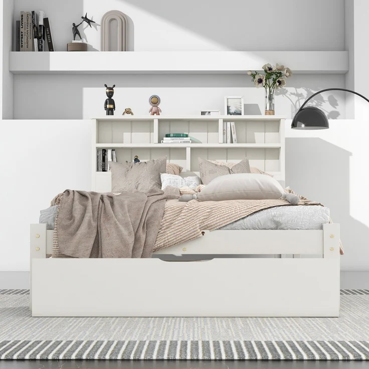 Holzbett, Einzelbett inkl. Schublade und Lattenrost, Kopfteil mit Regal, 90x200 cm, Holzbett aus Kiefer, Jugendbett – Bild 3